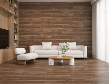 Modern luxury beautiful mock up scene of living room interior design and pattern wall background and picture frame and wooden roof, and brown wooden flooring. 3D Rendering clipart