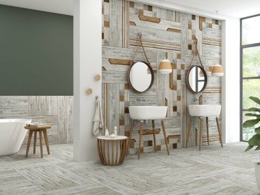 Parlak banyo içi beyaz mermer duvar, renkli küvet, asılı lamba. 3B Hazırlama