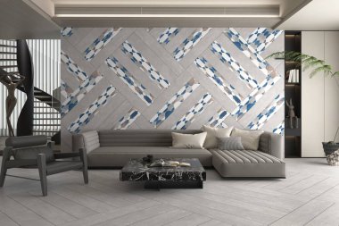 Oturma odasının içi gri mermerle kaplı, gri rahat kanepe seti, cam sehpa, muhteşem bir manzaraya açılan pencere duvarı. 3 Boyutlu Çizimler. Modelleme. 3B Hazırlama