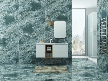 Minimalist beyaz İskandinav tuvaleti, beyaz küvet, tahta masa ve dairesel ayna üzerinde beyaz seramik leğen klasik İskandinav iç tasarımı, 3D çizim. 3B Hazırlama