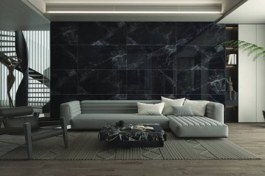 Parlak oturma odasının önü rahat kanepe, puf, panoramik pencere, beton zemin, sehpa, dolap, mermer duvar, çanak çömlek. Minimalist tasarım kavramı. Model yap. 3B Hazırlama