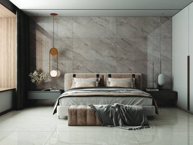 Bej yatak odası, rahat yatak odası, yastıklar ve yorgan, ahşap raf ve dolap, asılı lamba, muhteşem manzaraya açılan pencere, tahta kol koltuğu, parlak mermer döşeme. 3B Hazırlama