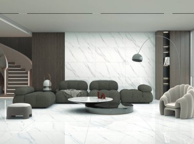 Modern lüks oturma odası, mermer ve gri desenli duvar dokusu iç tasarım, gri kanepe seti, ortada seramik sehpa. 3B Hazırlama