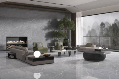 Estetik kahverengi ve gri oturma odasının arkasında lüks bir kanepe ve güzel cam bir pencere, eşsiz bir sehpa, rafta kitaplar ve estetik olarak hoş bir aydınlatma ve dekor var. 3B Hazırlama