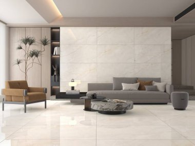 Modern parlak oturma odası, boş fotoğraf çerçevesi, kıvrımlı duvarda güzel bir kanepe, mermer duvarlar. 3 Boyutlu Çizimler. Modelleme. 3B Hazırlama