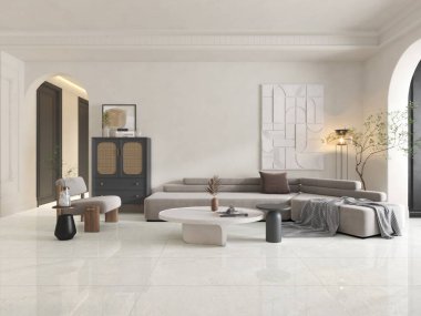 Modern oturma odası mobilyaları ve modern ev dekorasyonu. Özel bir lambası, kanepesi, beyaz mermer döşemesi ve güzel manzaralı penceresi olan lüks bir iç mekan. 3B Hazırlama