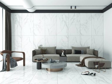 Panoramik pencereleri ve günbatımı manzaralı lüks bir iç mekan, koltukları, halısı, beyaz mermer zemini ve ahşap tavanı olan modern beyaz bir kanepe. Gece aydınlatmalı açık oturma odası tasarla. 3B Hazırlama