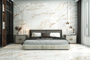 Beyaz ve bej yatak odasının içi, yatak örtüleri ve yastıklar, önü, halı ve mermer beton zemin Singapur manzaralı şehir manzaralı. Büyük gardırobu olan rahat yatak odası, 3 boyutlu.