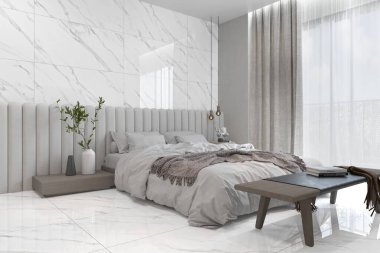 Minimalizm, modern İskandinav iç tasarımı. Duvarı sıva kaplı yatak odası. Doğa manzaralı panoramik pencereler. 3d resimleme.