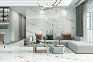 Şık bir oturma odası. Koltuğu, koltuğu, beyaz mermer ahşap zemini var. 3B Hazırlama