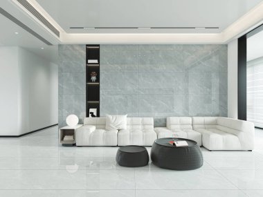 Oturma odası içi boş beyaz poster, merdivenler, kemer, beyaz kanepe, ahşap raf, sehpa ve panoramik pencere ile dolu. Minimalist tasarım kavramı. Yaratıcı fikir için yer var. Model yap. 3B Hazırlama