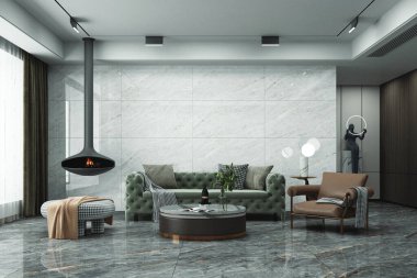 Işıl ışıl oturma odası içi gri kanepe, koltuk ve beyaz kahve sehpası ile sanat dekorasyonu, mermer döşeme yan manzaralı panoramik pencere kırsal alanda ve taklit tuval poster. 3B Hazırlama