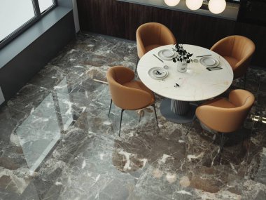 Yemek odası ve mutfağının içinde kahverengi ve gri mermerden yapılmış bir zemin, ahşap bir yemek masası ve sandalyeler ve diğer gerekli mutfak eşyaları yer almaktadır. 3B Hazırlama