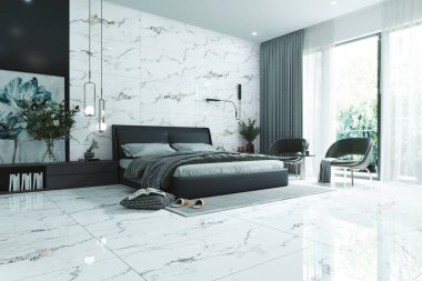 Parlak yatak odası, rahat yatak odası, gri duvar, beyaz çalışma mobilyası, beyaz sandalye. Pencere duvarından arka bahçeye. 3B Hazırlama