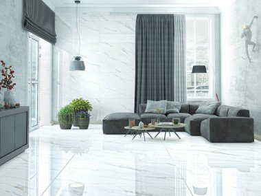 Lüks, modern oturma odasının iç kısmı beyaz mermer duvar, ahşap masa posterleri, kitaplar ve mumlarla dolu. İç mekanın 3 boyutlu görüntüsü. 3B Hazırlama