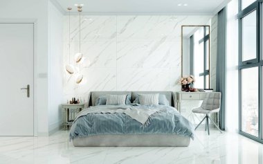 Beyaz yatak odası, rahat yatak odası, yastıklar, yorgan, ahşap raf ve dolap, asılı lamba, muhteşem manzaraya açılan pencere, tahta kol koltuğu, parlak mermer döşeme. 3B Hazırlama