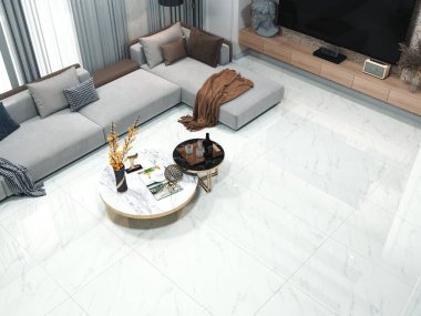 Kanepe, boş gri duvar, panoramik pencereler, koltuk, beyaz mermer döşeme, bej kanepe ve ahşap sehpa ile parlak bir stüdyo. Minimalist tasarım kavramı. Rahatlamak için bir yer. 3B Hazırlama