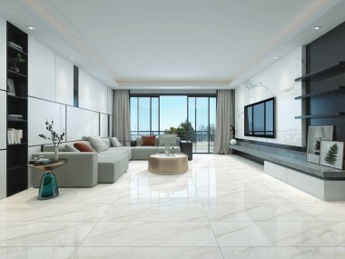 Lüks oturma odası bej ve beyaz mermer zemin, kahverengi rahat koltuk ve masa, ahşap mobilyalar, gri duvarda televizyon, siyah kitap rafı, pencere duvarından arka bahçeye. Modelleme. 3B Hazırlama