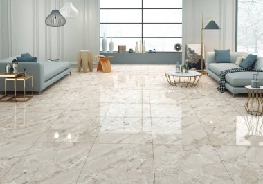 Büyük bir alan, ahşap döşeme, beyaz seramik sehpa ve bitkiler, kitap rafları, masanın üzerinde asılı bir lamba içeren beyaz duvarlı bir oturma odası için zarif bir iç tasarım. 3B Hazırlama