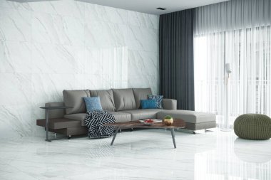 Sıcak bej ve beyaz tonlu, profesyonel olarak dekore edilmiş, beyaz mobilyalı, seramik mutfak tezgahlı, seramik yemek masalı ve gri sandalyeli güzel bir ev. 3B Hazırlama