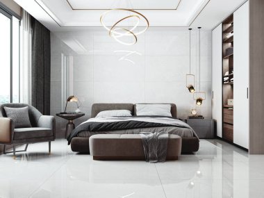 Konforlu yatak odası iç tasarımı rahat yatak odası ve beyaz ahşap kitap rafı duvar penceresinden arka bahçeye ve yerdeki kahverengi fayanslar ve beyaz duvar ve temel dekorasyon malzemesi. 3B Hazırlama