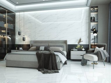 Panoramik ana yatak odasının içinde beyaz duvarlar, gri mermer döşeme, rahat kral yatağı ve lambalı iki kare ahşap masa. 3 Boyutlu Çizimler. Modelleme. 3B Hazırlama