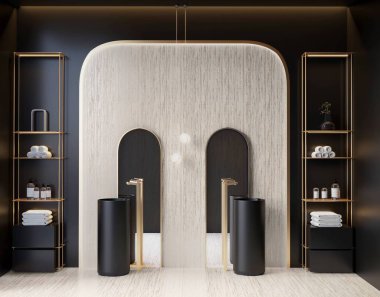 Beyaz ve siyah mermer duvarlı modern banyo, beton zemin, aynalı gri seramik lavabo, gri dolap ve cam duvarlı duş, ahşap mobilya. 3B Hazırlama