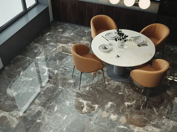 Yemek odası ve mutfağının içinde kahverengi ve gri mermerden yapılmış bir zemin, ahşap bir yemek masası ve sandalyeler ve diğer gerekli mutfak eşyaları yer almaktadır. 3B Hazırlama