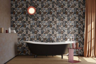 Muhteşem bir banyo içinin zemini beyaz mermerden, beyaz küvetin yanında küçük bir masa, ahşap mobilyaların üzerinde beyaz bir lavabo ve ek bir duş alanı vardır. 3B Hazırlama