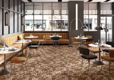 Yemek masası ve sandalyeli modern oda tasarımı mermer zemin ve gri dekoratif bambu duvar restoran konsepti, yemek odası arka planı. 3B Hazırlama