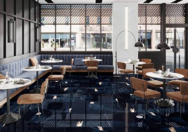 Corner of modern cafe with blue and white marble walls and wooden floor, round black table and small round chairs along the window. 3D Rendering clipart