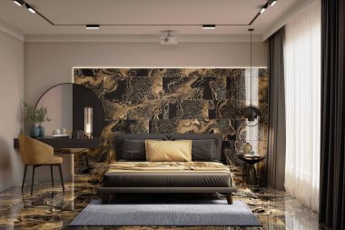 Şık stüdyo dairesinin banyo alanı ahşap mobilyaları ve televizyonu olan bir yatak odası ve beyaz küveti ve ikiz beyaz lavabosu olan bir banyosu var. 3B Hazırlama