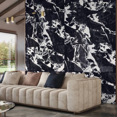 Oturma odası modeli, kahverengi kanepe, ortasında mermer sehpa, mermer ve ahşap duvar. 3B Hazırlama