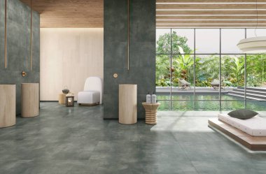 Kafası beyaz bir bilgisayar, klasik bir deri koltuk, ahşap bir ofis masası, gri bir kanepe ve bekleme odasında siyah bir sehpa. 3B Hazırlama