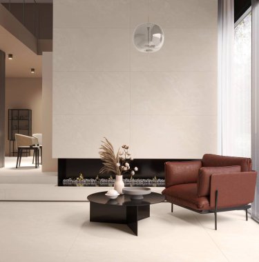 Geniş kanepe, kitaplık, sehpa, çanak çömlek, beyaz duvar, halı ve mermer zemin olan parlak oturma odası. Minimalist tasarım kavramı. Buluşma için rahat bir yer. 3B Hazırlama