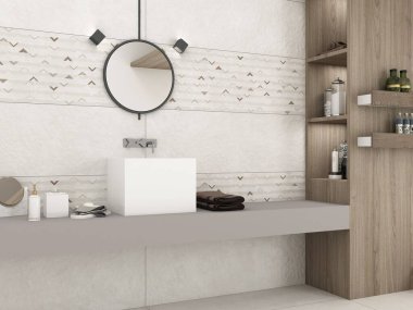 Şık banyo tasarımı. Mozaik fayanslarla dekore edilmiş beton tezgahta modern beyaz mermer lavabo kasesi. Hijyen ürünleri, havlular, saksı bitkisi, ahşap depolama rafı. 3B Hazırlama