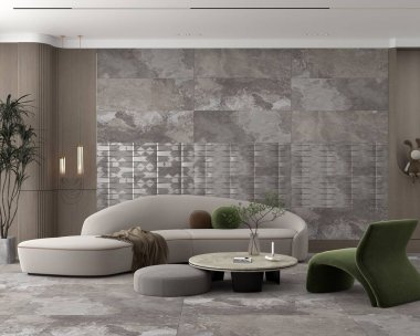 Gri mermer duvarlı şık oturma odasının içi, kitaplı ahşap mobilya rafı, rahat gri kanepe, mermer sehpa ve düz ekran, asılı lambalar, köşede bitki. 3B Hazırlama