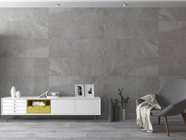 Koyu renkli oturma odası, gri mermer zemin, çatı katı pencereleri, arka planda açık ahşap sehpa ve mutfağın yanında duran gri kanepe, beyaz ahşap mobilyalar. Üç boyutlu çizimler. 3B Hazırlama