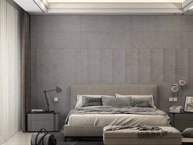 Minimalist bir yatak odası, beyaz mermer döşeme, gri mermer aksan duvarlar, ve mantar şeklinde beyaz lambalar, tahta bir yatakta beyaz yastıklar ve ahşap mobilyalar. Modelleme. 3B Hazırlama