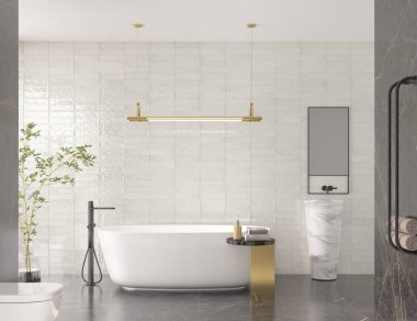 Açık bej duvarları, gri mermer zemini, beyaz küveti, ahşap mobilyaları olan parlak bir banyo. 3B Hazırlama