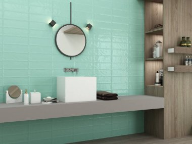 Zarif bir askıya alınmış lamba ve gri fayanslı duvarları ve döşemeleri olan bir otel banyosunun köşesinde, lavabo da fayans tezgahında. 3B Hazırlama