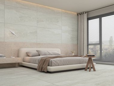 Yatağının yanında cam bir gardırop, rahat gri bir yatak, duvarda beyaz mermer ve ahşap mobilya ve sandalyeler bulunan zarif bir iç dizayn. 3B Hazırlama