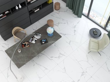 Beyaz mermer, beyaz kanepe, sehpa, kitap rafı ve manzarayı güzelleştirmek için diğer dekoratif malzemelerle dolu bekleme odasının iç kısmı gri seramik ofis masası. 3B Hazırlama