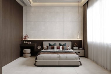 Modern yatak odası, panoramik pencereli ev ofisi, yerde ve duvarlarda beyaz mermer, rahat gri yatak. Laptop masanın üstünde. Modern hayat kavramı. Fotokopi alanı. 3B Hazırlama