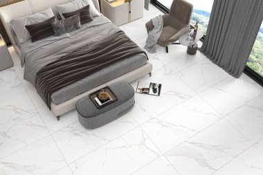 Yatak odasının içi poster çerçevesi, büyük yatak odası, gri yatak odası, lambalar, ahşap tezgah, siyah merdiven, gri halı, sıva ve kişisel aksesuarlı kahverengi duvar, parlak mermer döşemeler. 3B Hazırlama