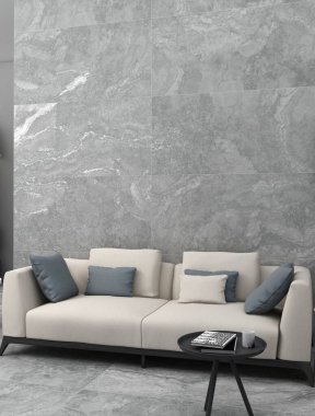 Lüks oturma odasının içinde beyaz rahat kanepe ve sanat dekorasyonlu çekmece, gri mermer döşeme. Kumaş duvarına çadır bezi posteri yap. 3 Boyutlu Çizimler. 3B Hazırlama