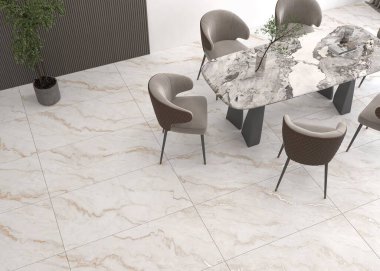 Zarif seramik masası ve beyaz rahat sandalyeleri arka planda beyaz ve kahverengi mutfağı, bej renkli parlak mermer döşemeleri olan ferah bir yemek odası. Modelleme. 3D Illustration. 3B Hazırlama