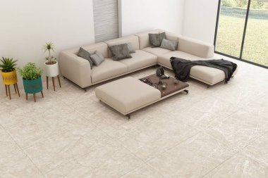 Bej renkli rahat kanepe ve şöminesi olan şık bir oturma odası, kitaplar ve dekorasyonlu raf bölmesi. Gökdelenlerde panoramik pencereli mermer zemin. 3B Sunumlar