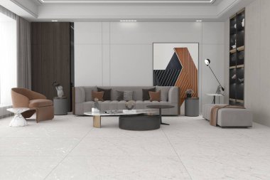 Açık renk oturma odası, gri kanepe ve arka planda sandalyeleri olan yemek odası, açık gri beton zemin ve kırsal manzaralı pencere. Çerçeve menüsü, ahşap mobilyalar. 3B Hazırlama