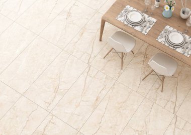 Büyüleyici ahşap masa, şık beyaz sandalyeler, tasarım dekorasyonu, ahşap mobilyaları olan modern yemek odası. Şablon. Ev dekoru. Modelleme. 3D Illustration. 3B Hazırlama